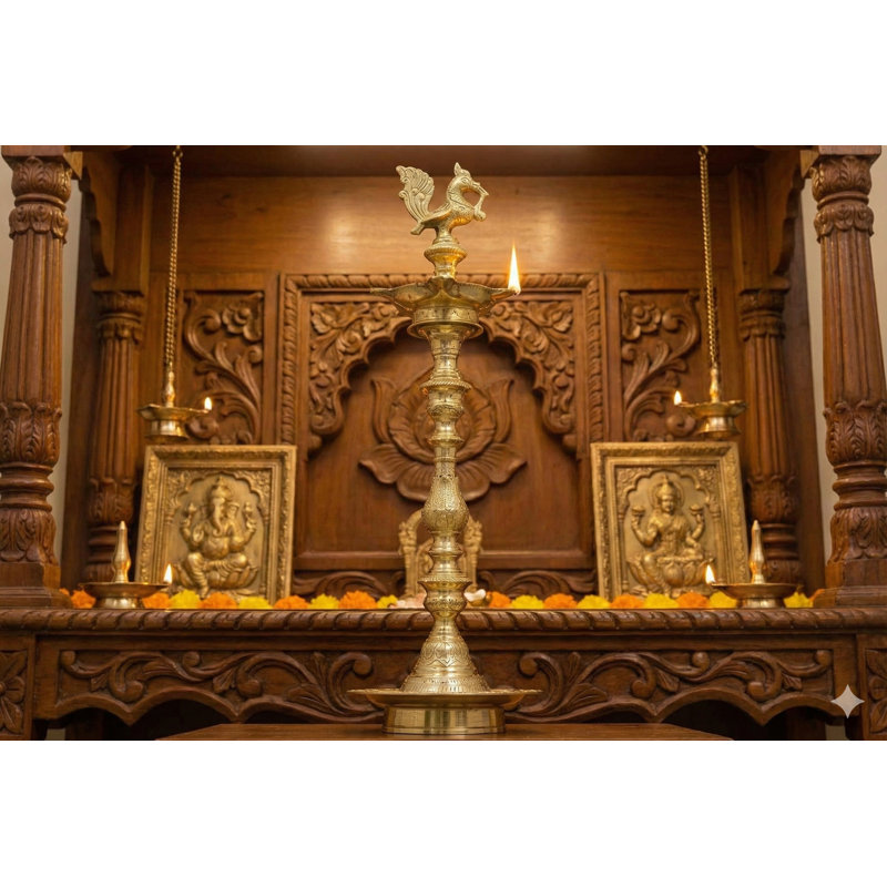 21" Handmade Brass Peacock Oil Lamp | Traditional Annam Vilakku Diya for Puja Room, Temple Decor & Indian Home Accent | Multi-Wick Bird Sculpture