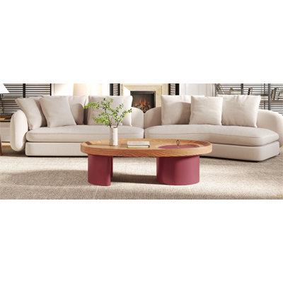 Table basse ovale en bois avec rangement 45,3 po, plateau en noyer avec pieds rouges, table de salon Mid-Century moderne, mobilier d'appoint de style campagnard pour grands espaces, assemblage facile