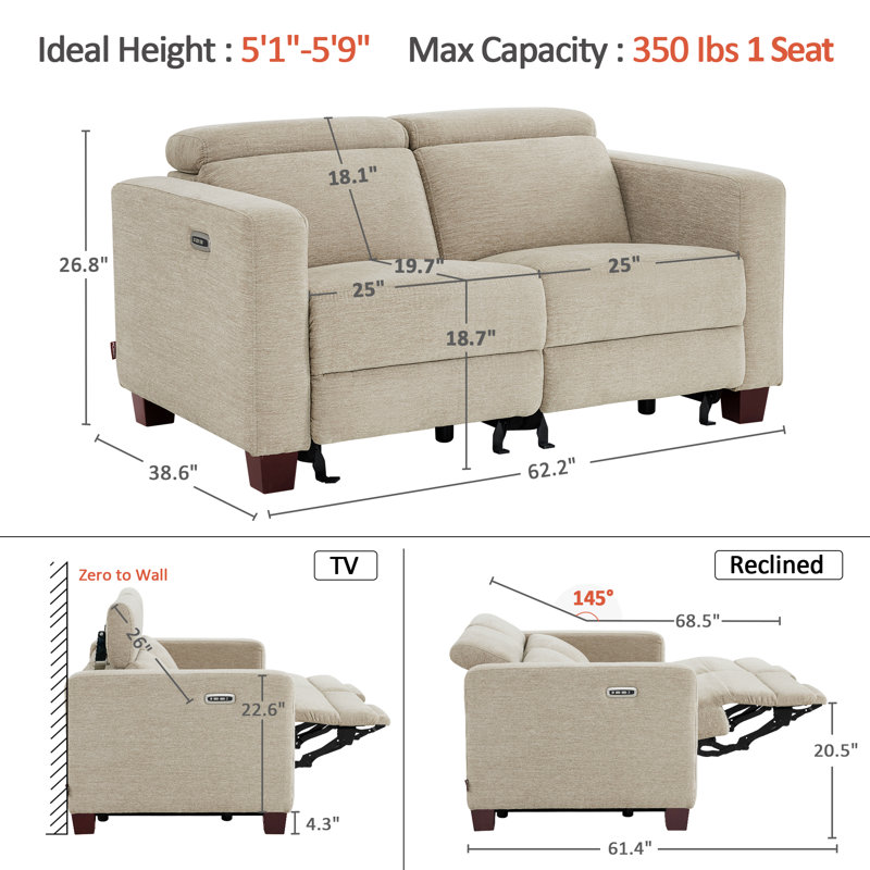 62.2"Wide Zero Clearance Power Recliner Loveseat Sofa with Adjustable Headrest, Beige