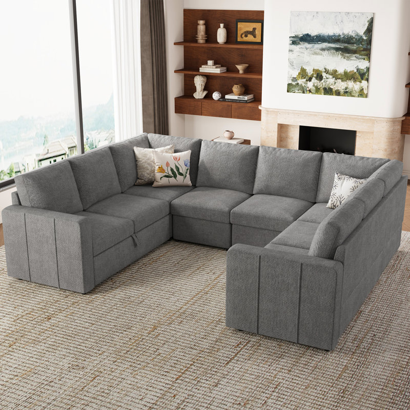 Divan-lit modulaire convertible en U Seybert, Chenille gris pâle