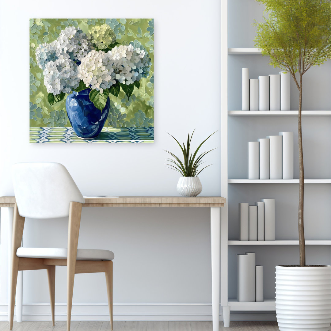 White Hydrangeas Blue Vase Contemporary Elegant Geometric Hydrangea Flower Nature Wall Art Print