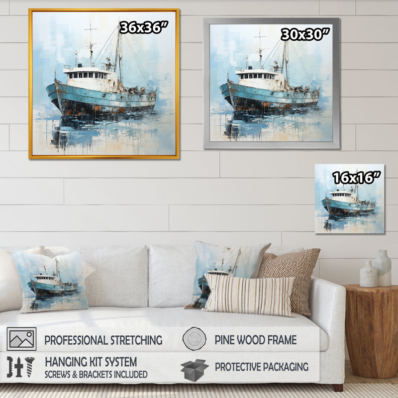 «Blue and White Fishing Boat I», reproduction sur toile, H 16 po x l 16 po x P 1 po, Toile tendue