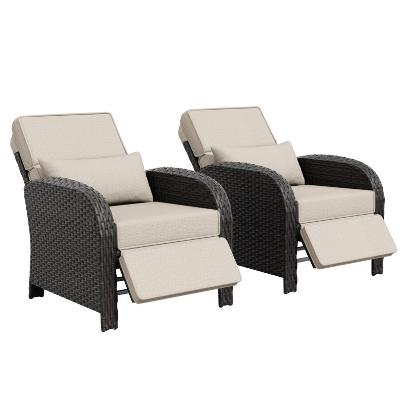 Chaises longues d'extérieur en osier 2 pièces avec coussins et oreiller, Beige
