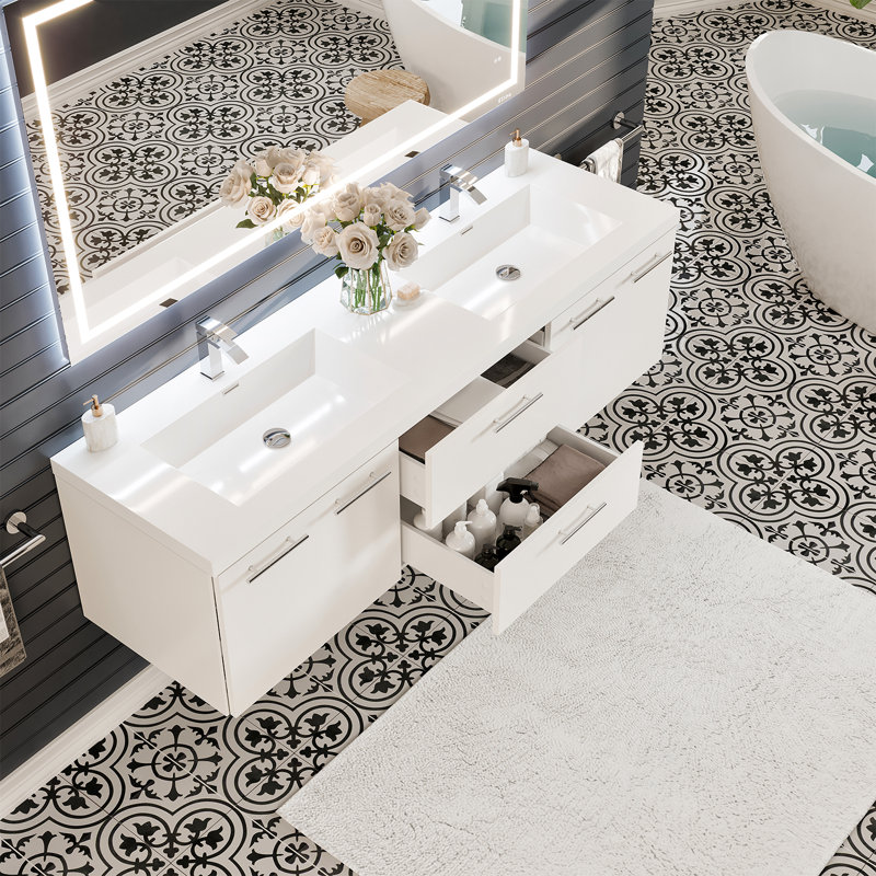 Meuble-lavabo mural double 72 po avec comptoir en acrylique Aberdeen, Blanc