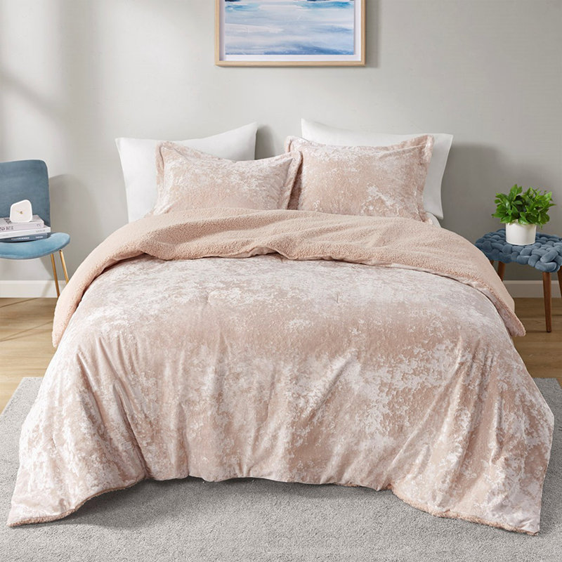 Ensemble d'édredon réversible en sherpa concassé, Édredon double + 2 taies décoratives standards, Rose