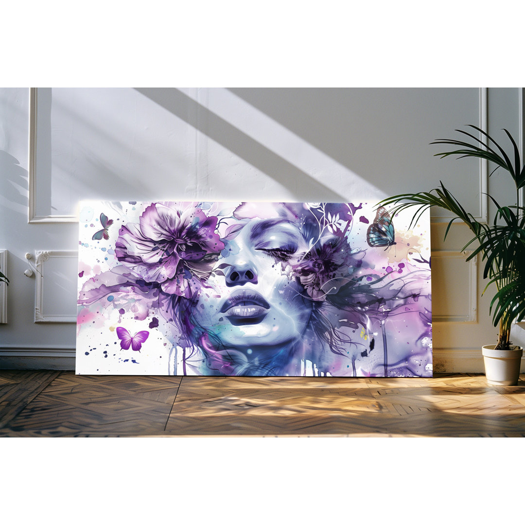 Wandbild 120x60cm Porträt einer jungen Frau blaue Farbe Schmetterlingen Blumen