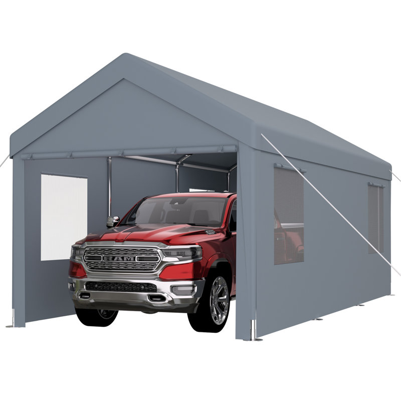 12' X 20' Heavy Duty Portable Carport, With Galvanized Steel Frame & Pe Canopy. 2 Doors, 4 Ventilated Windows, For Boat Vehicle Storage, Easy Assembly, Grey Garage Heavy-Duty Frame. Car, Truck,