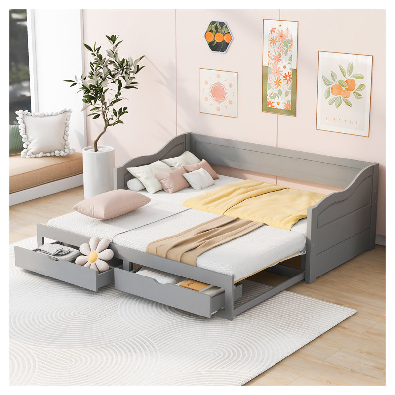 Gray Solid Wood Daybed with Roll-Out Trundle and Two Storage Drawers
