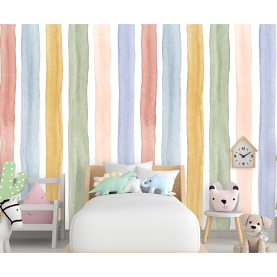 Papier peint à rayures aquarelle, fresque murale à rayures pastel, papier peint neutre pour chambre d'enfant, décoration de chambre d'enfant, revêtement mural arc-en-ciel doux 1262DRS