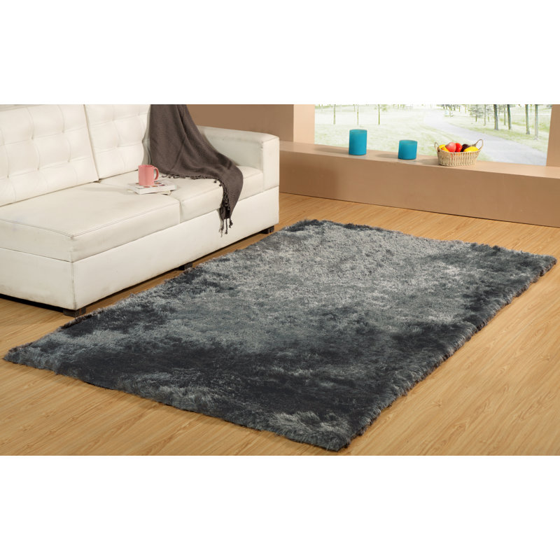 Tapis argenté à poils longs fabriqué à la main Kailyn, Rectangle 10 pi x 14 pi