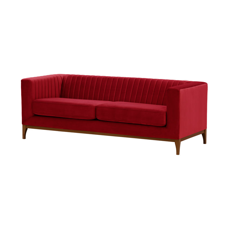 Buker Velvet Square Arms Sofa, Dark Oak, Red