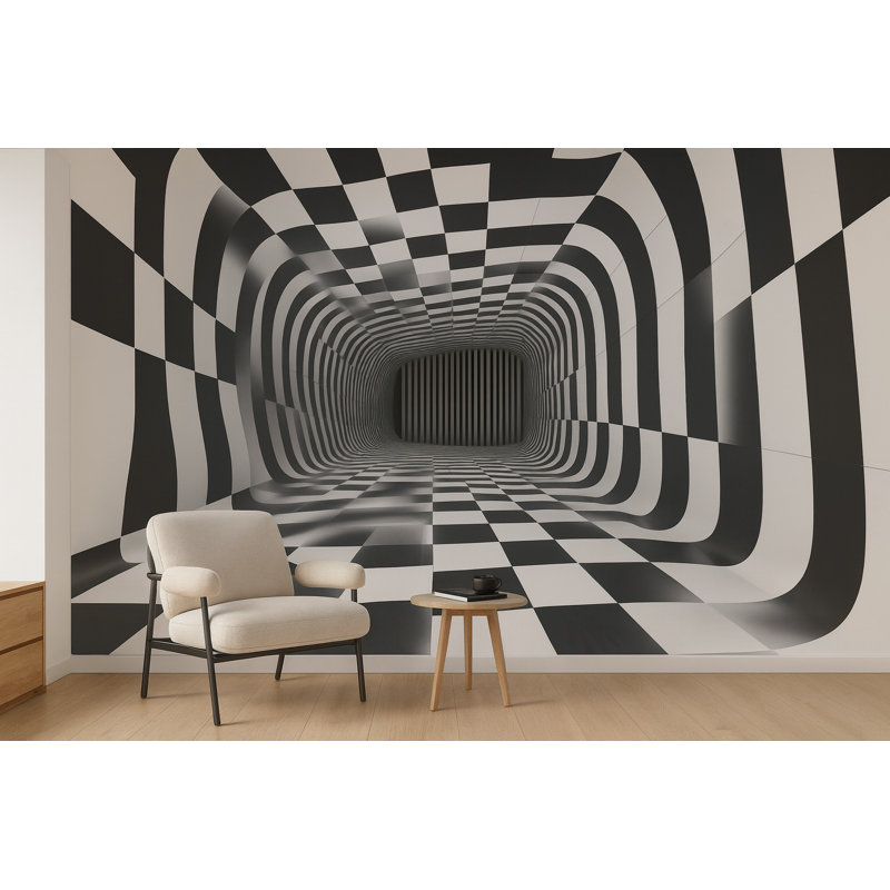 Murale illusion optique 3D - Papier peint tunnel noir et blanc Vn907 (Peel-N-Stick) VN907, L 165 po x l 120 po