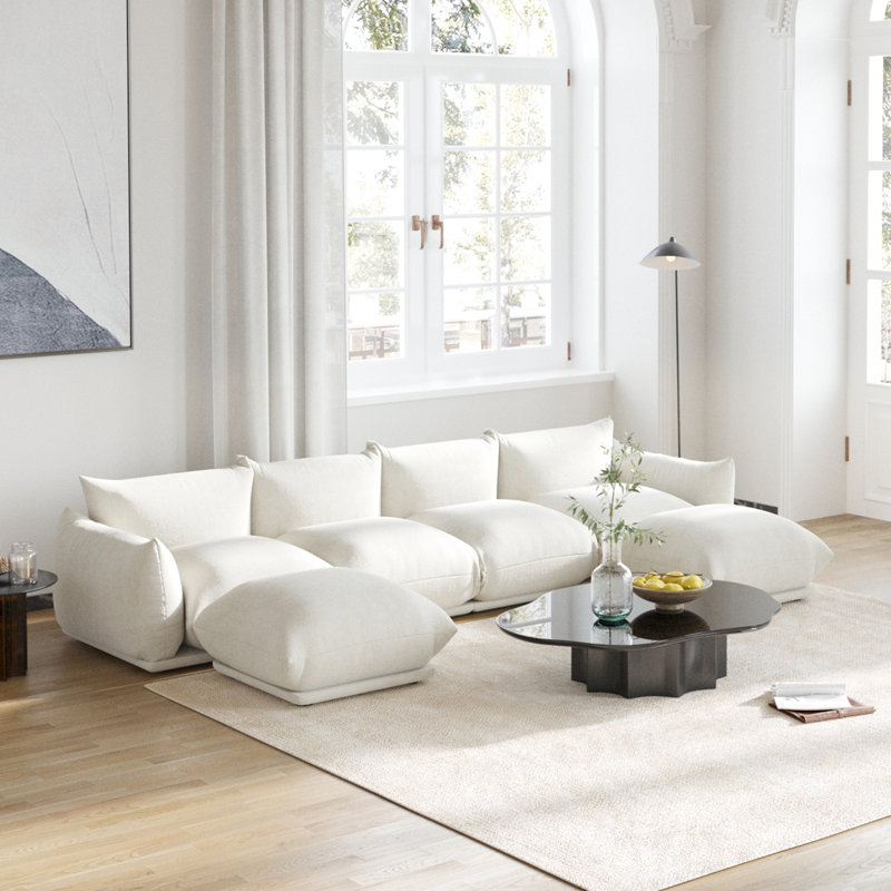 Canapé modulaire rembourré en tissu et chenille 4 places Minarik, Chenille beige