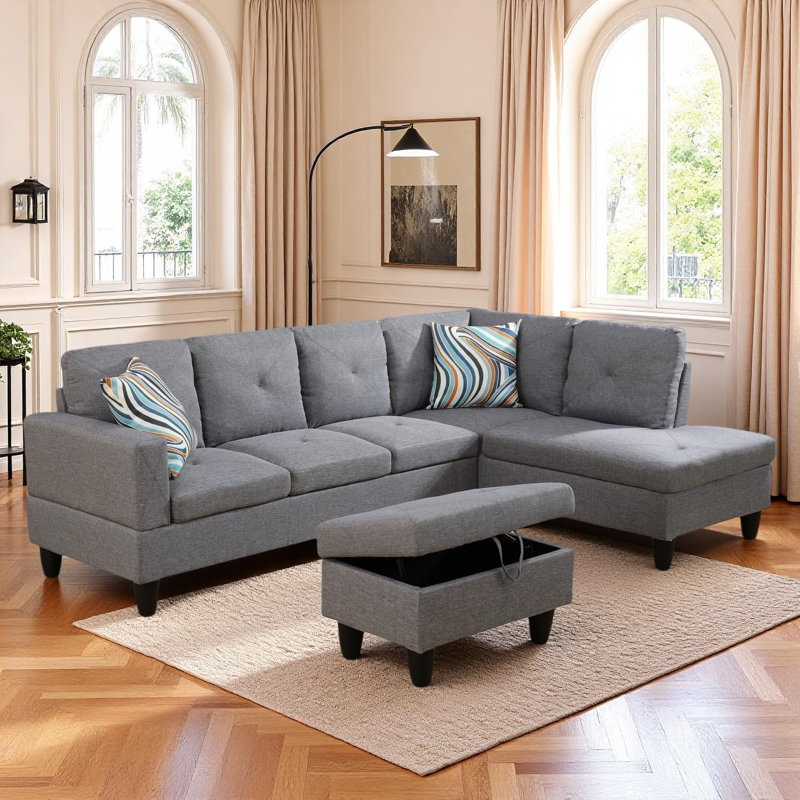 3-Piece Linen Sectional Sofa, Gray, Right Hand Facing