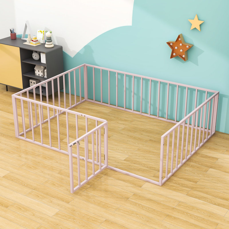 Metal Floor Bed Frame With Enclosed Fence And Swing Door, Full, Pink