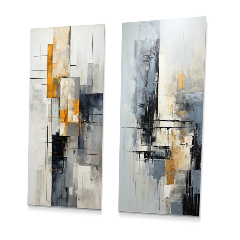 Gris et blanc, paysage urbain abstrait I - ensemble de 2 impressions collages abstraites en métal, H 28 po x l 24 po
