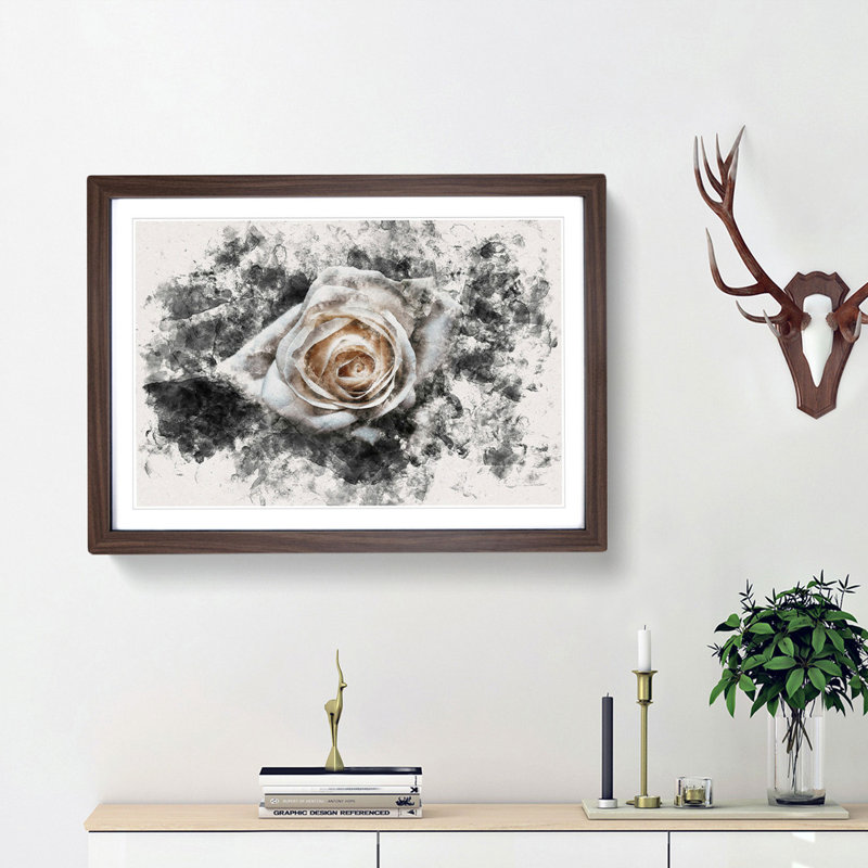 A White Rose Watercolour 1 Piece Single Picture Frame Wall Art on MDF, 62cm H x 87cm W x 2cm D, Walnut Framed