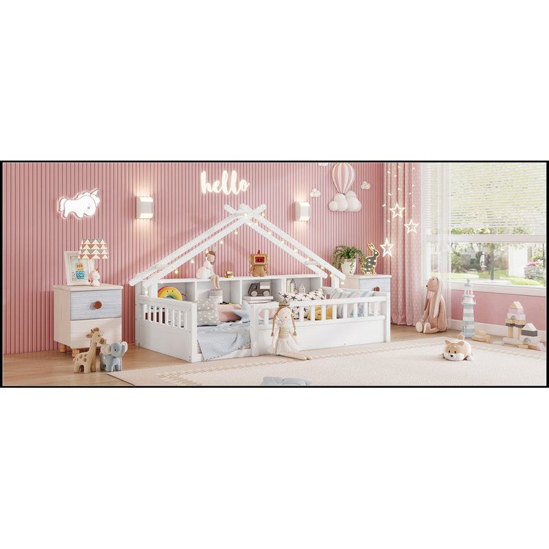 Lit simple au sol avec toit, étagères de rangement et lumière DEL pour enfants