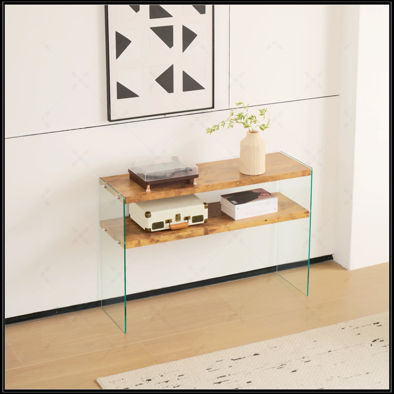 Console polyvalente en panneau de fibres à densité moyenne avec verre trempé noyer, idéale pour un usage domestique et extérieur, conception multifonctionnelle et durable