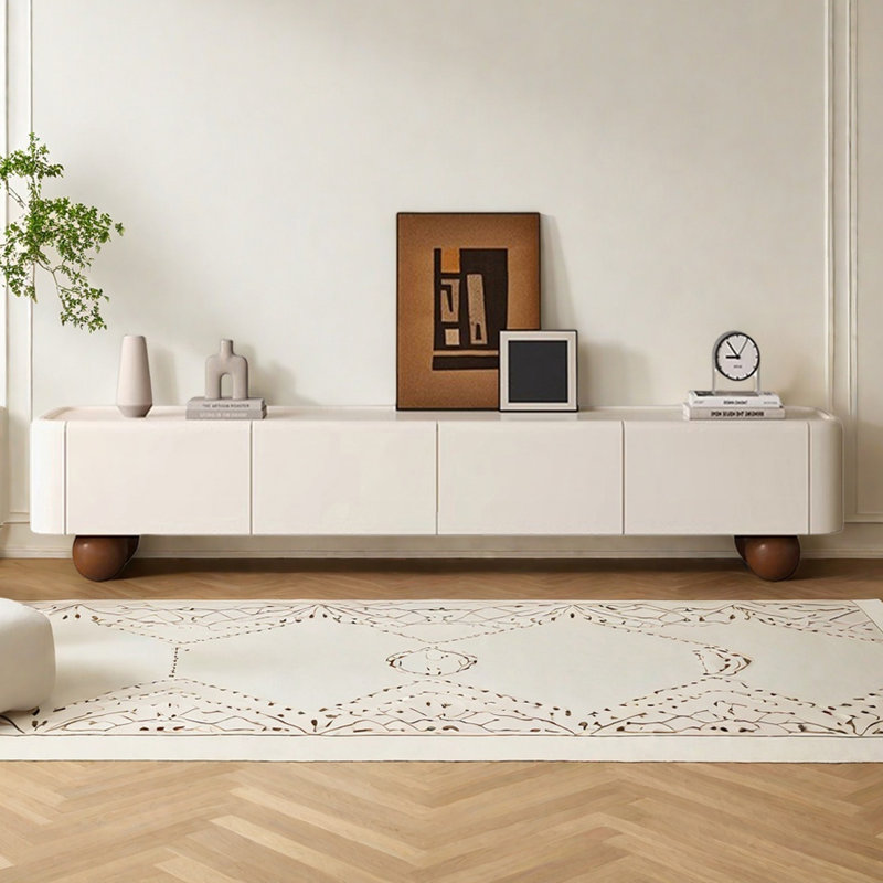 Meuble télé en bois avec armoires et tiroirs, Crème/brun, H 16,53 po x L 94,48 po x l 13,78 po