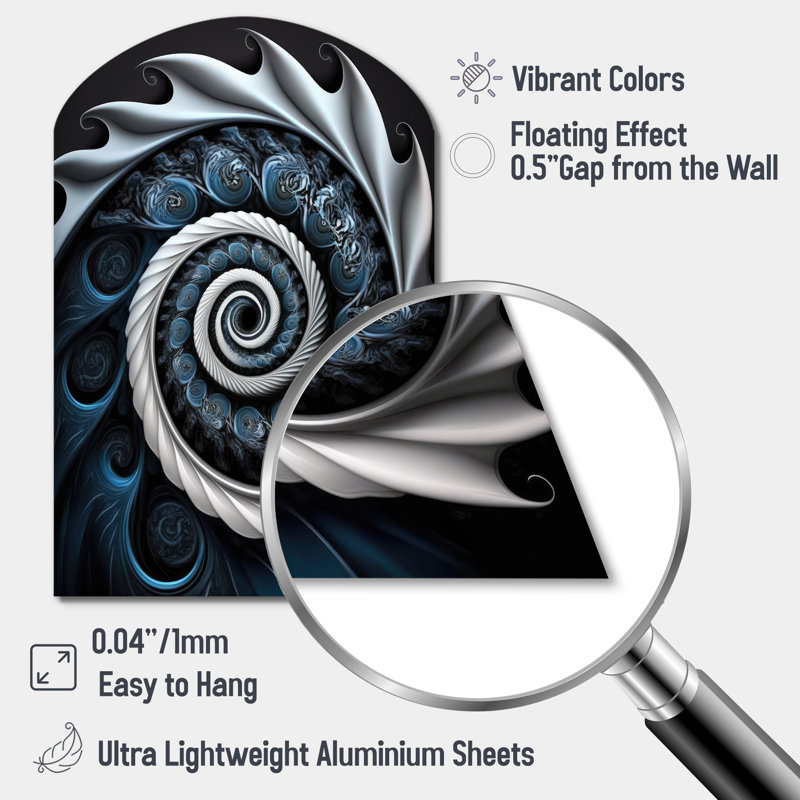 Bleu et blanc vitrail liquide II - voûte abstraite en spirale, art mural en métal, H 34 po x l 25 po