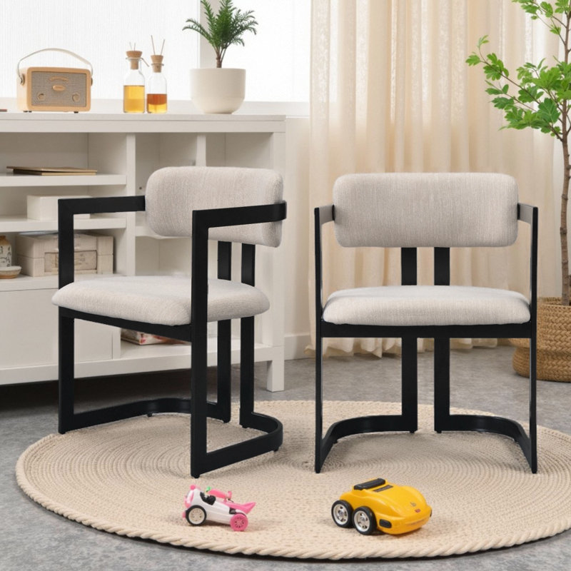 Ensemble de 2 chaises de salle à manger rembourrées, sièges en tissu avec structure en métal, Beige, Noir