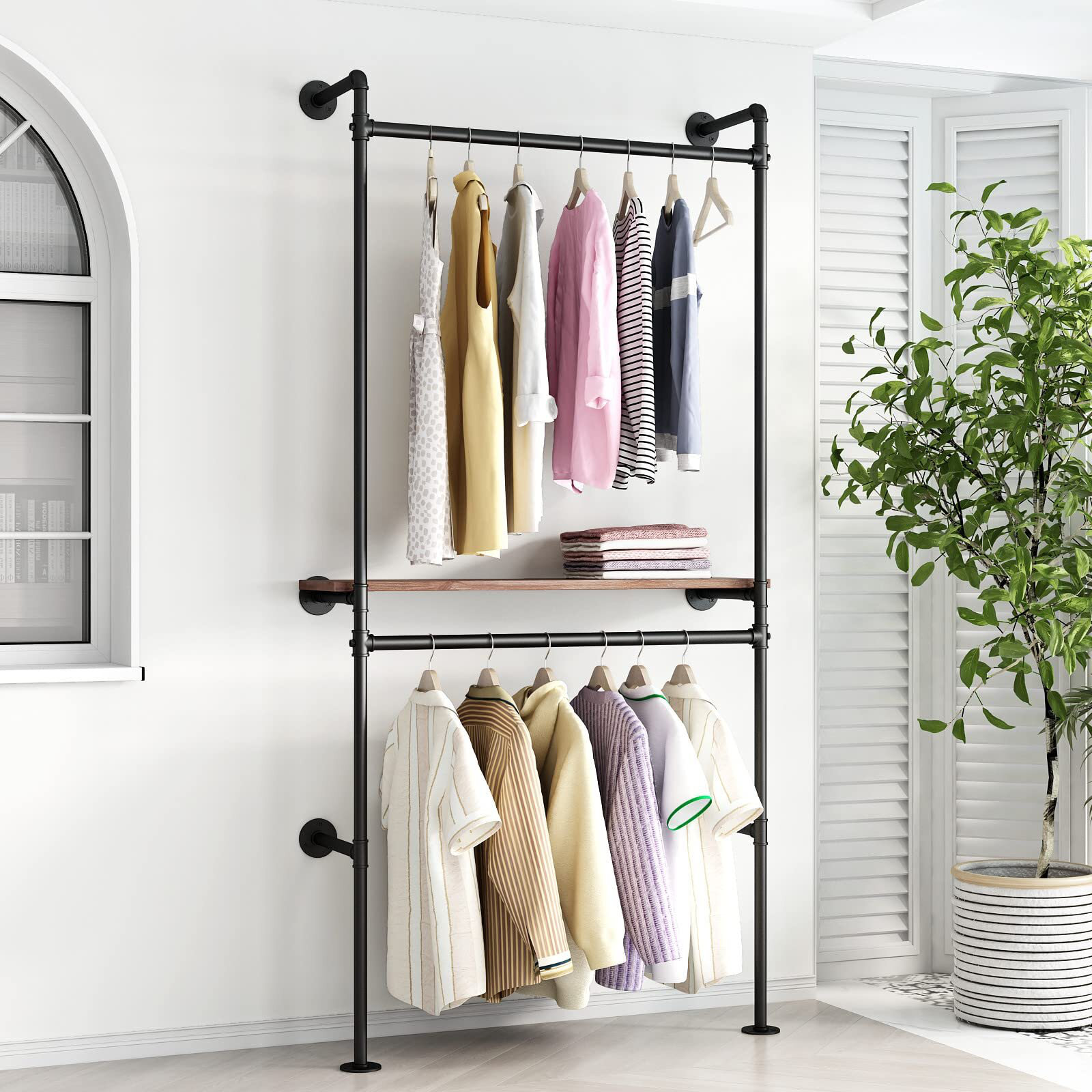 Williston Forge Industrial Pipe Clothing Racks with Shelves, Wall ...
