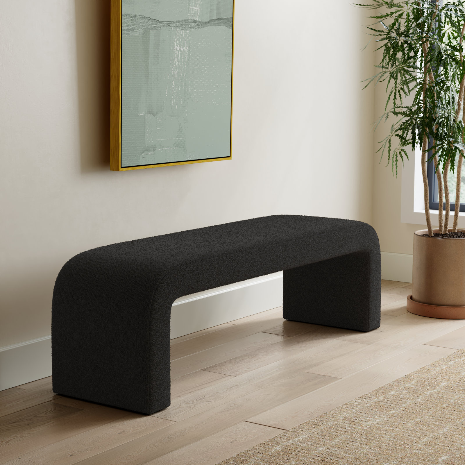 Daine 62.4" W Upholstered Bench, Black Boucle