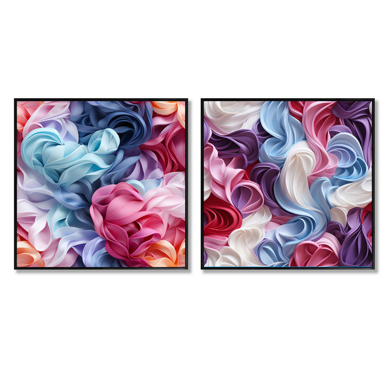 Rose et bleu - Love Whispers of Romance - ensemble de 2 collages carrés abstraits, Cadre flottant noir, H 36 po x l 73 po