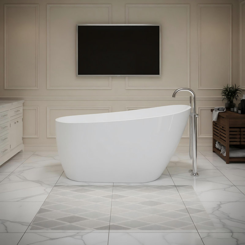 55" Acrylic Freestanding Bathtub Contemporary Soaking Tub with Chrome Overflow and Drain, High-Gloss White Finish, cUPC Certified