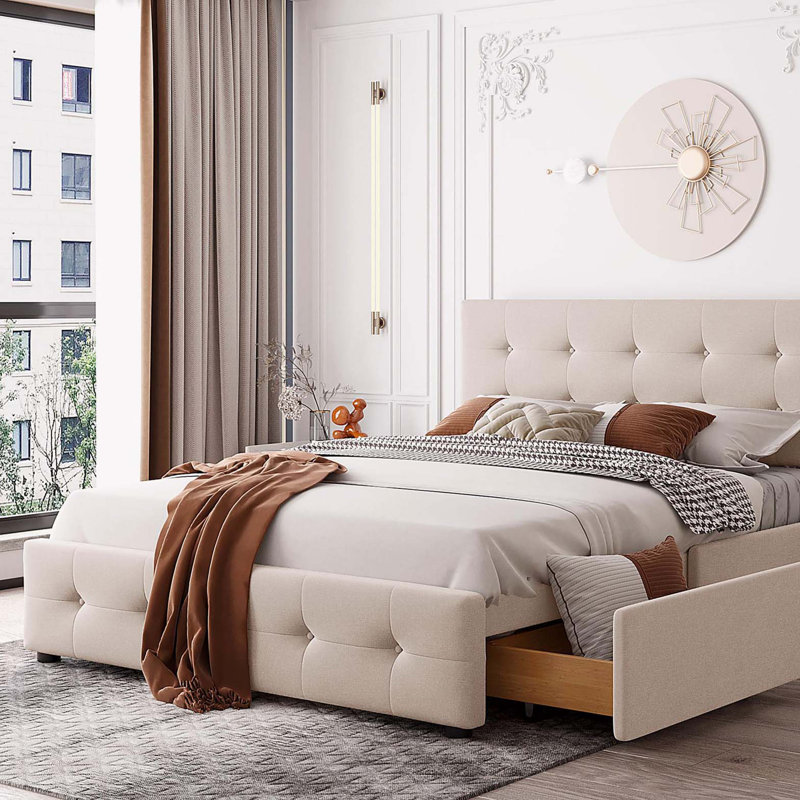 Lit plateforme tapissier avec tête de lit classique et 4 tiroirs, aucun sommier nécessaire, tissu en lin, beige grand