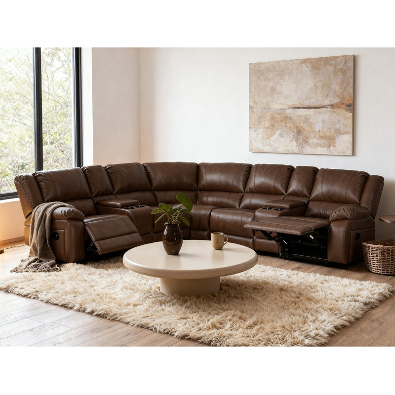 7-Piece, Wynyard 109" Wide Faux Leather Reversible Reclining Sectional Sofa, Dark Brown Faux Leather