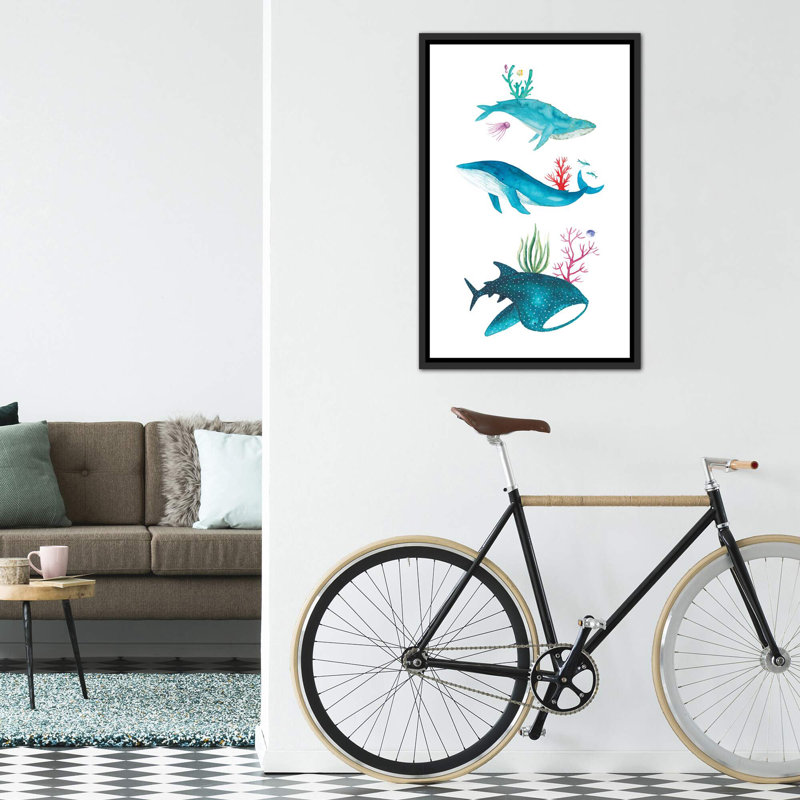 Créatures de l'océan - impression, Pas de tapis, H 40 po x l 26 po x P 1,5 po, Toile avec cadre noir patiné
