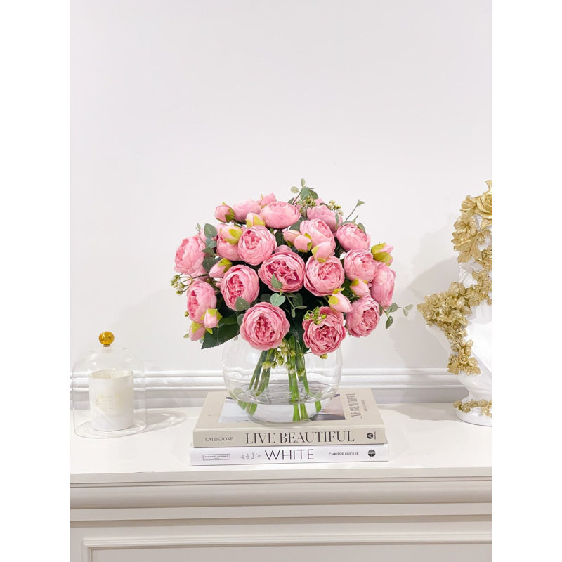 White Peony Faux Centerpiece In Glass Vase, Pink