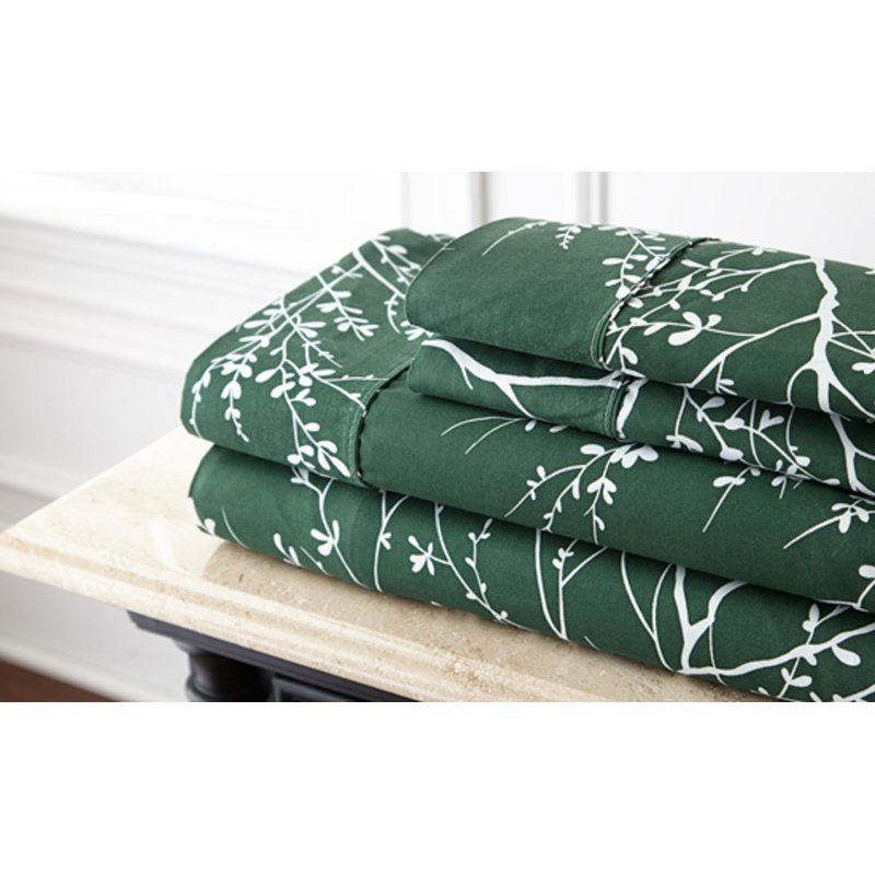 Foliage Microfiber Floral Sheet Set, Hunter/Ivory, Full Sheet with Fitted Sheet and 2 Pillowcases