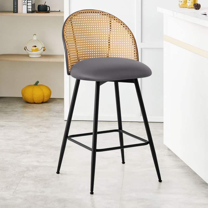 Augustinus Swivel Upholstered Counter & Bar Stool, Gray Leather/Natural Frame, Bar Stool (29" Seat Height), 3