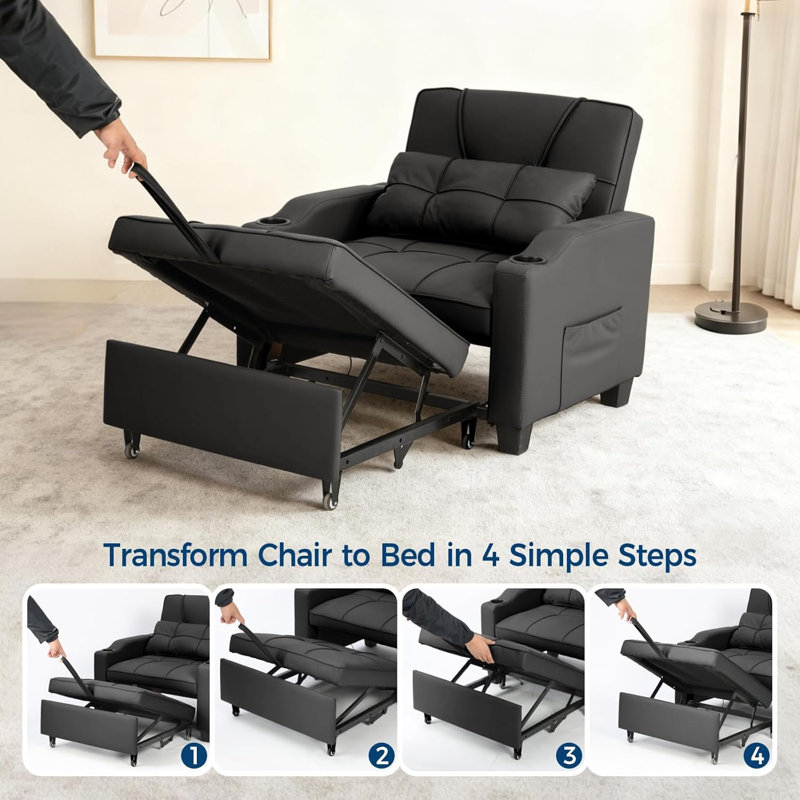 GarveeHome Sleeper Chair Pull Out Bed, 4 in 1 Convertible Sofa Chair Bed with Plug-in Vibration Massage Lumbar Pillow, Single Sofa Recliner Bed with USB/Type-C Port, Cup Holders and Side Pocket for Small Spaces