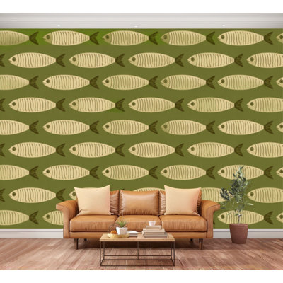 Wall Mural Peel and Stick Beige Fish green vintage sea modern Olive boho underwater nature Large Wallpaper Self-Adhesive Removable Contact Paper Wall Decor for Living Room Bedroom Nursery 100"H x 144"W