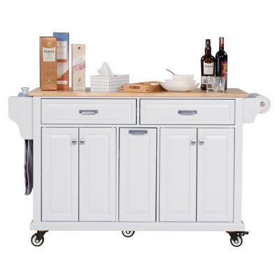 Kitchen Island With Rubber Wood Countertop, Kitchen Cart On 5 Wheels With Storage Cabinet And 2 Top Drawers And A Center Double Layered Storage Drawer For Dinning Room, White