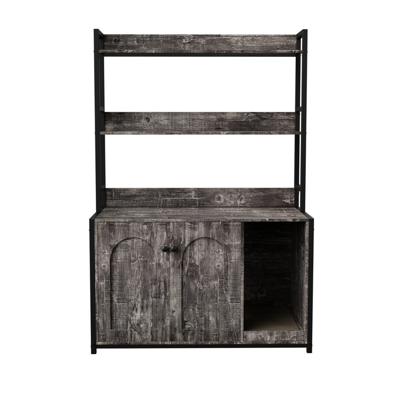 Armoire d'intérieur pour chat avec étagère de rangement, portes doubles et patin à gratter, grand bac à litière pratique gris caché