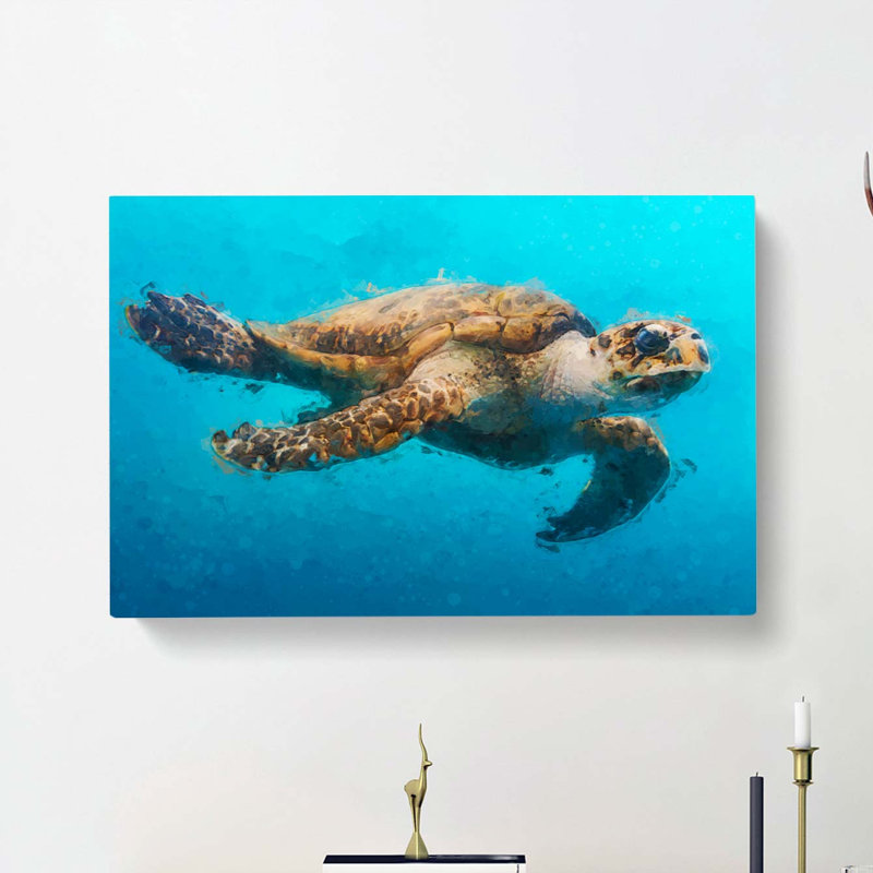 Swimming Sea Turtle In Abstract - Wrapped Canvas, 40cm H x 60cm W x 3cm D