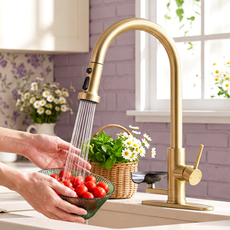 3-In-1 Kitchen Faucet With Press-Type Glass Rinser, High-Arc Pull-Down Sprayer, Single-Handle Deck Mount, Brushed Gold