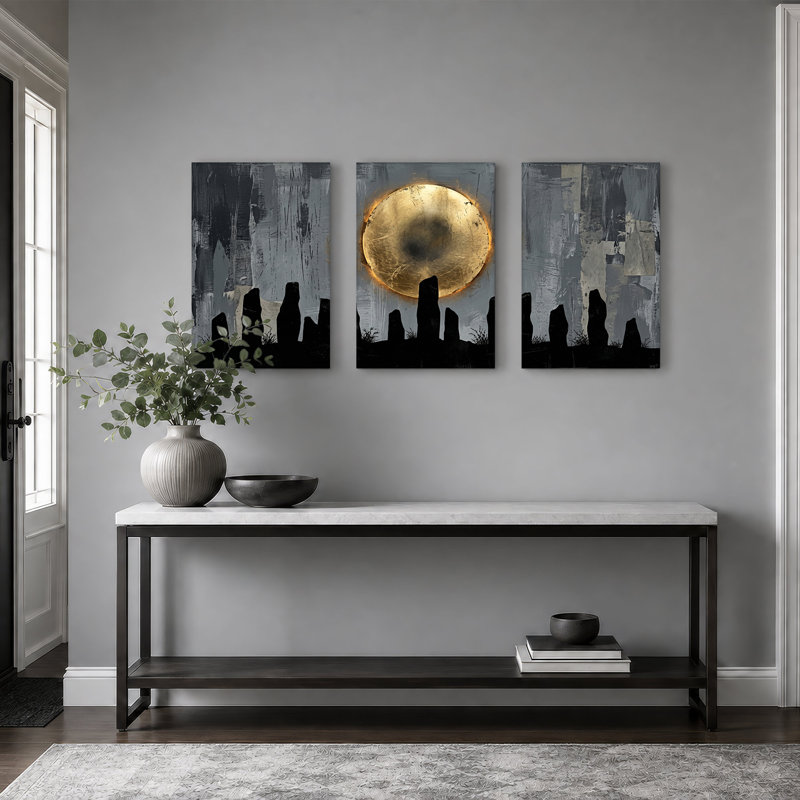 Disque doré sur pierre, ensemble de 3 toiles grises, H 30 po x l 20 po x 3 pièces