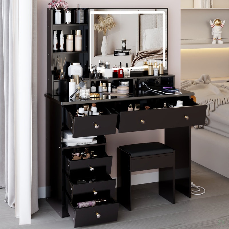 Ensemble de meuble-lavabo de 41 po avec commode gauche et tabouret rembourré, Noir