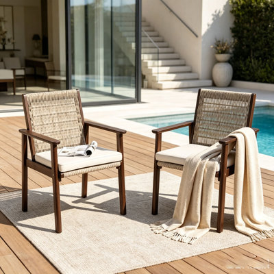 Chaise de salle à manger d'extérieur, chaises de patio en bois d'acacia et rotin tissé en osier, siège de fauteuil d'extérieur