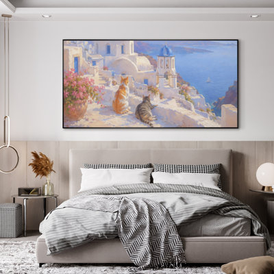 Très grand imprimé mural sur tissu - Village côtier méditerranéen avec dômes de chats bleus et paysage avec vue sur l'océan pour le salon ou la chambre à coucher "Assemblage requis (cadre non fini)"