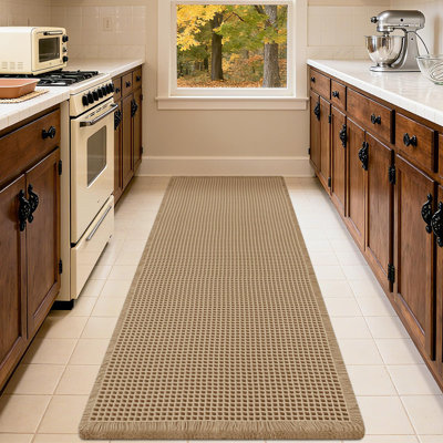 Extra Large Waffle Bath Mat, Boho Woven Modern Bath Rug Absorbent Non Slip,Machine Washable Knit Bath Rugs With Border , 5'X2', Beige
