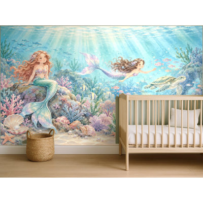Mermaid Lagoon Wallpaper Mural, Peel and Stick Kids Room Wall Mural, Watercolor Nursery Wallpaper Made to Measure