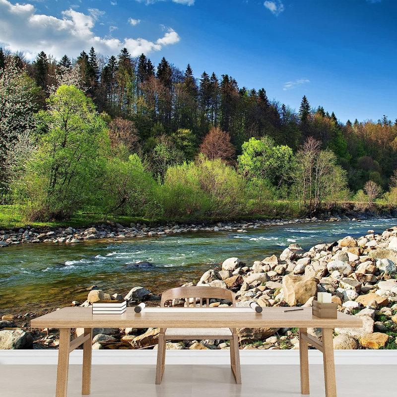 Adhésif mural paysage avec rivière et pierres, L 100 po x l 144 po