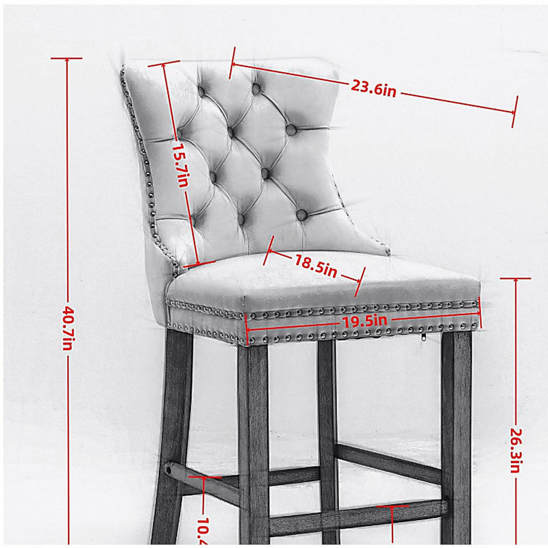 Tabourets de bar rembourrés en velours avec décoration capitonnée à boutons et pieds en bois, garniture cloutée chromée, chaises de bar style loisirs, tabourets de bar, ensemble de 2